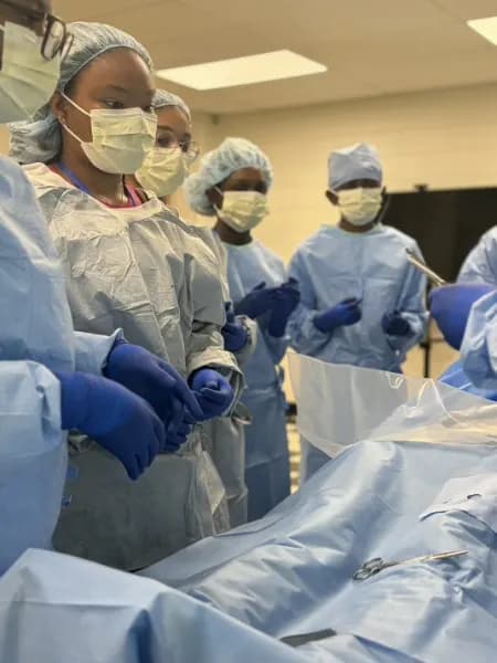 Students in surgical gowns observing a procedure