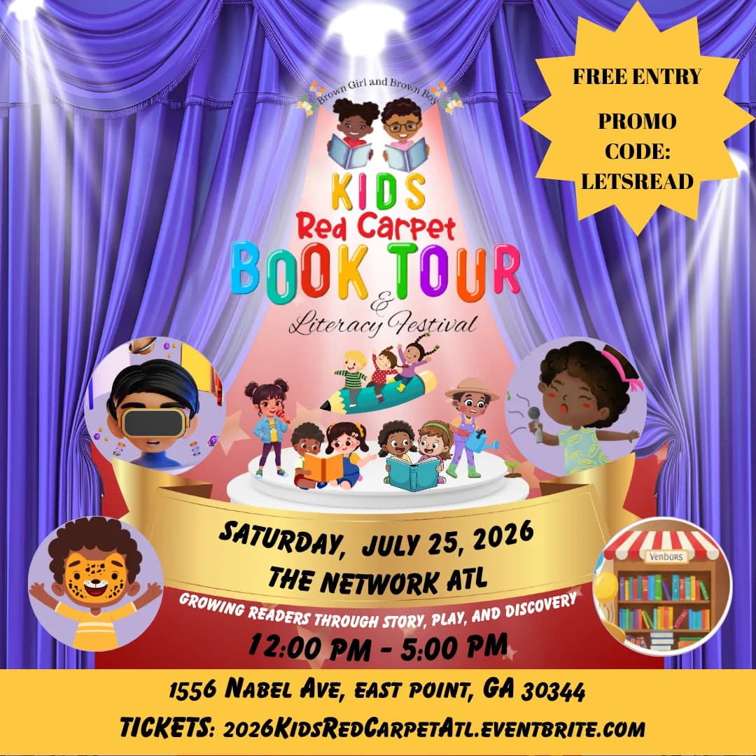 Kids Red Carpet Book Tour and Literacy Festival flyer: Saturday July 25, 2026, 12:00 to 5:00pm at The Network ATL
